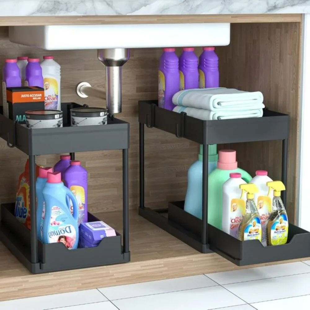 New 2-Pack Under Sink Organizer, 2-Tier Sliding Cabinet Baskets for Kitchen